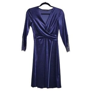 Navy Blue Velvet and Lace Wrap Dress
